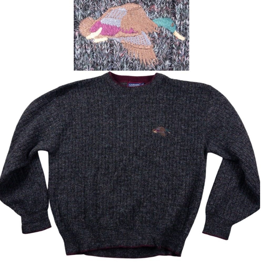 Carmel Collection Sweater Mens XL Gray Mallard Duck Wool Blend Vintage 90s USA